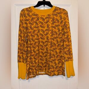 Sundance Womens Large Thermal Tee Paisley Days Mustard Yellow Button Cuff Velvet